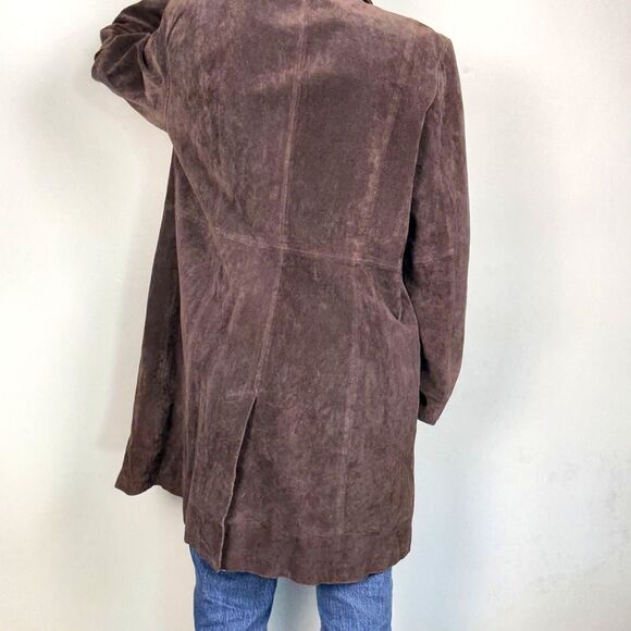 Vintage 90s 00s Brown Suede Leather Long Coat, Women's XL Jacket - Picture 14 of 14